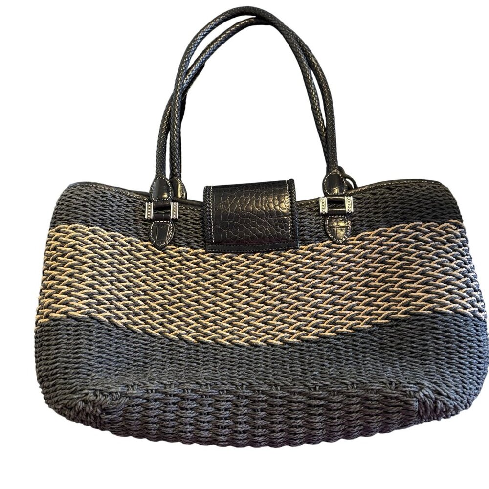 The Savannah Black & Tan Braided Woven Handbag By Brighton With Heart Charm Acce - Picture 3 of 14